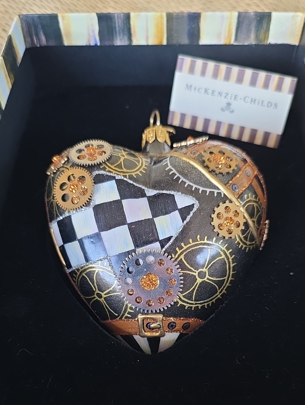 MacKenzie-Childs Steampunk Courtly Check Heart Glass Ornament NIB Retired